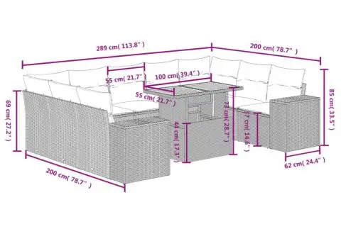 Set mobilier de grădină cu perne, 10 piese, gri, poliratan - 3/3