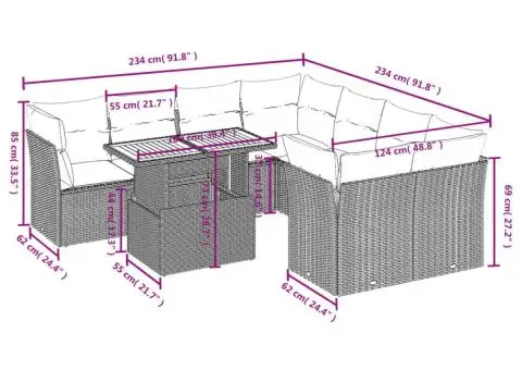 Set canapele de grădină, 9 piese, cu perne, gri, poliratan - 3/3