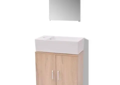 Set mobilier baie format din 3 piese cu chiuvetă inclusă, Bej - 2/5