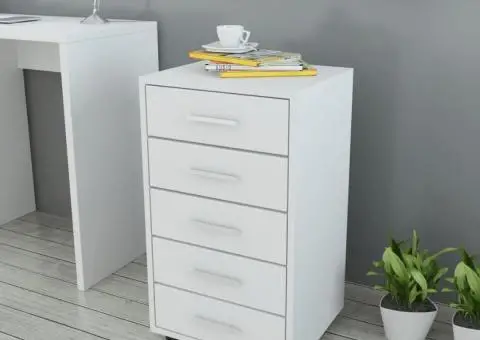 Dulap de birou cu rotile și 5 sertare, alb - 1/5