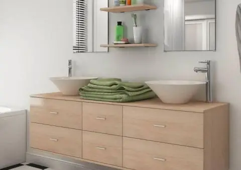 Set mobilier baie 9 piese cu chiuvete și robinete incluse, Bej - 1/5