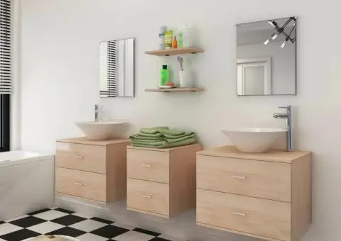 Set mobilier baie 9 piese cu chiuvete și robinete incluse, Bej - 3/5