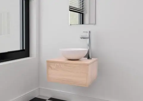 Set mobilier baie, 4 piese, bej, cu chiuvetă și robinet - 1/5