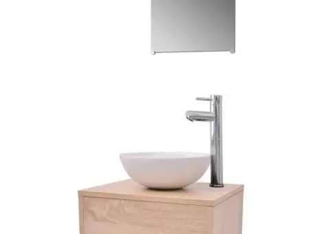 Set mobilier baie, 4 piese, bej, cu chiuvetă și robinet - 2/5