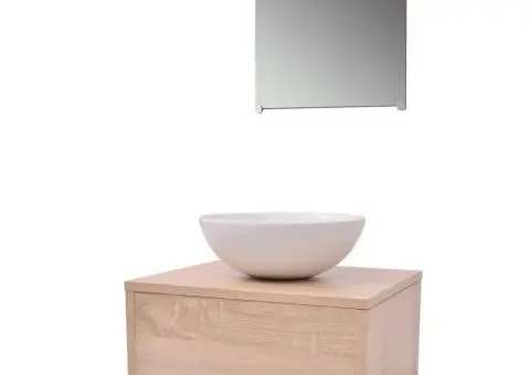 Set mobilier baie, 4 piese, bej, cu chiuvetă și robinet - 3/5