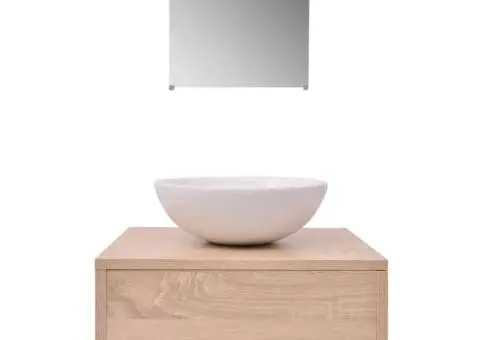 Set mobilier baie, 4 piese, bej, cu chiuvetă și robinet - 4/5