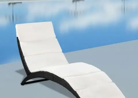 Șezlong pliabil din poliratan cu saltea, negru - 1/5