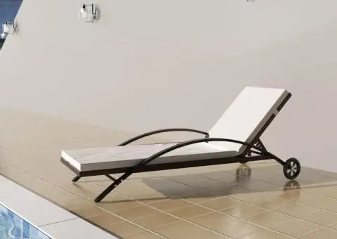 Șezlong de plajă cu pernă și roți, maro, poliratan - 1/5