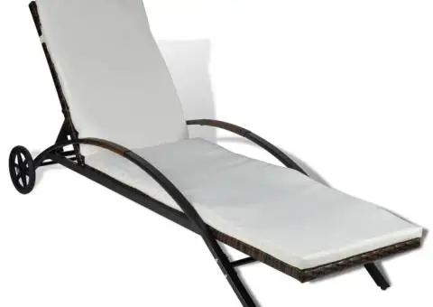 Șezlong de plajă cu pernă și roți, maro, poliratan - 2/5