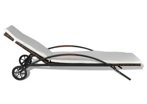 Șezlong de plajă cu pernă și roți, maro, poliratan - 3/5