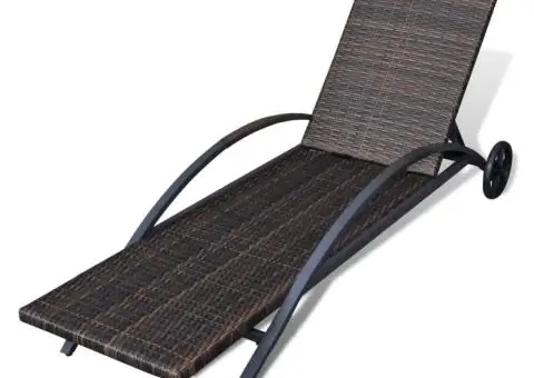 Șezlong de plajă cu pernă și roți, maro, poliratan - 5/5