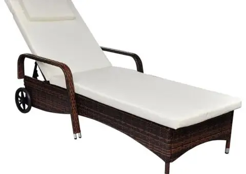 Șezlong de plajă cu pernă și roți, maro, poliratan - 1/3