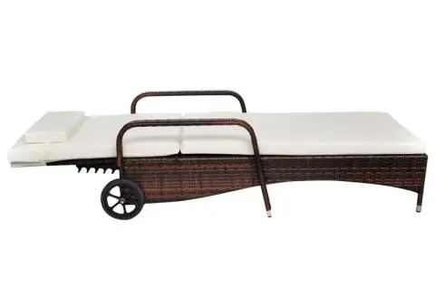 Șezlong de plajă cu pernă și roți, maro, poliratan - 2/3