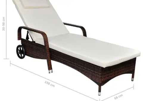 Șezlong de plajă cu pernă și roți, maro, poliratan - 3/3