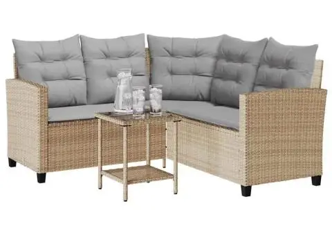 Canapea de grădină cu masă și perne în formă L polirattan bej - 4/5