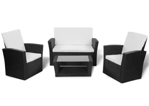 Set mobilier de grădină cu perne, 4 piese, negru, poliratan - 2/5