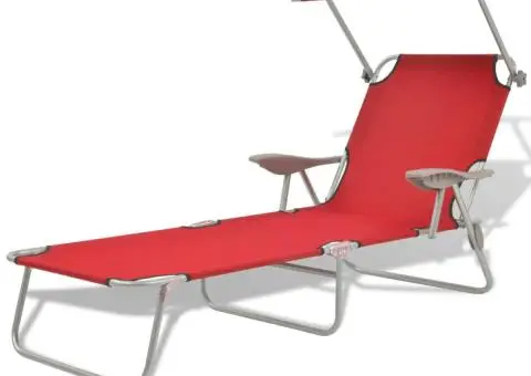 Șezlong de plajă cu baldachin, roșu, oțel - 1/5