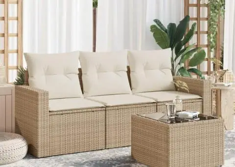 Set canapele de grădină, 4 piese, cu perne, bej, poliratan - 1/3