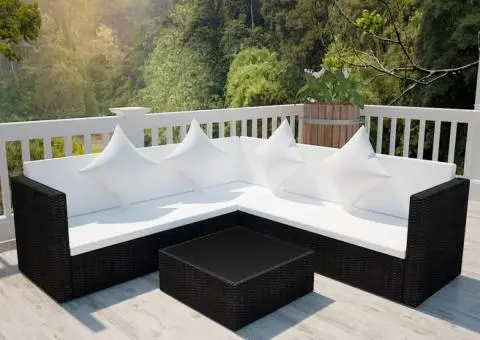 Set mobilier de grădină cu perne, 4 piese, negru, poliratan - 1/4