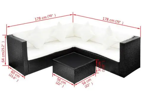 Set mobilier de grădină cu perne, 4 piese, negru, poliratan - 4/4