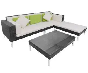 Set mobilier de grădină cu perne, 4 piese, negru, poliratan