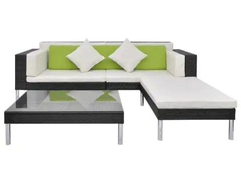 Set mobilier de grădină cu perne, 4 piese, negru, poliratan - 3/5