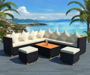 vidaXL Set mobilier de grădină cu perne, 7 piese, negru, poliratan