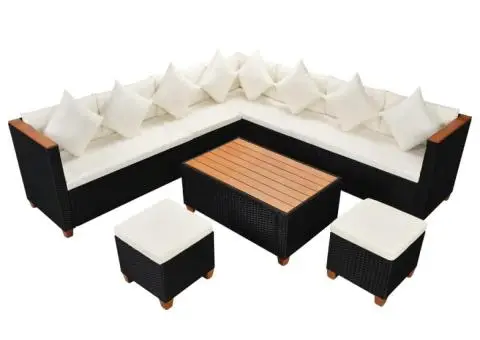 Set mobilier de grădină cu perne, 7 piese, negru, poliratan - 2/5