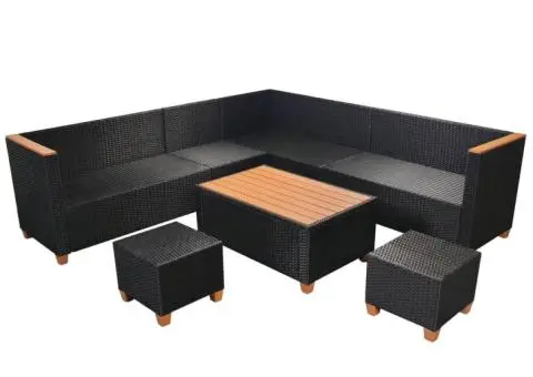Set mobilier de grădină cu perne, 7 piese, negru, poliratan - 5/5