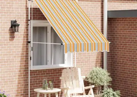 Copertină retractabilă manual, dungi galben și albastru, 150 cm - 1/5