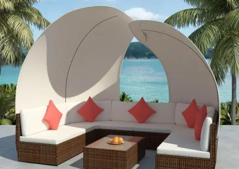 Set mobilier de grădină cu baldachin, 9 piese, maro, poliratan - 1/5