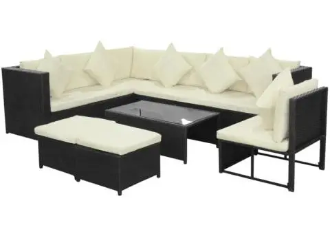 Set mobilier de grădină cu perne, 8 piese, negru, poliratan - 1/5