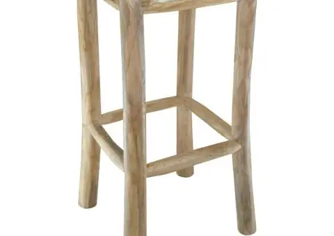 Taburet de bar, piele naturală și lemn masiv de tec - 1/5