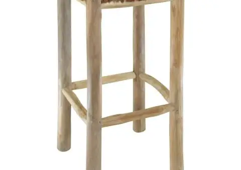 Taburet de bar, piele naturală și lemn masiv de tec - 3/5