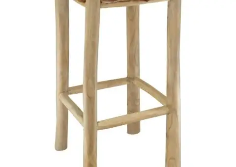 Taburet de bar, piele naturală și lemn masiv de tec - 4/5