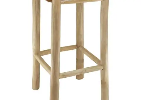 Taburet de bar, piele naturală și lemn masiv de tec - 5/5