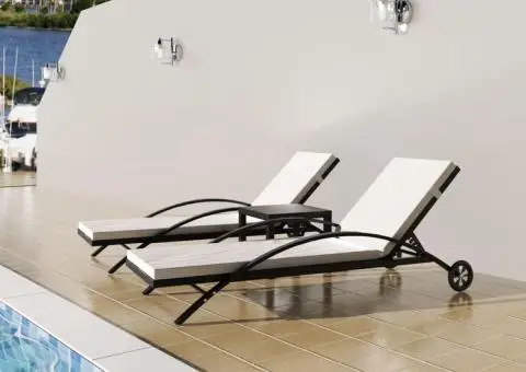 Șezlonguri de plajă cu masă, negru, poliratan - 1/5
