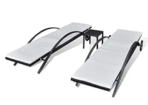 Șezlonguri de plajă cu masă, negru, poliratan - 4/5