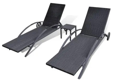 Șezlonguri de plajă cu masă, negru, poliratan - 5/5