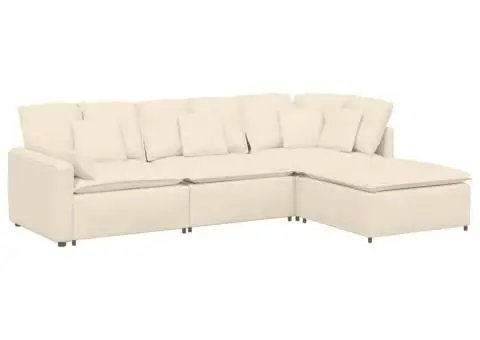 Canapea modulară cu taburet și perne, țesătură velur, crem - 2/5