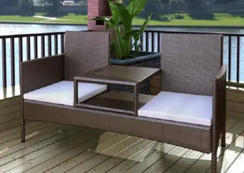 Canapea de grădină cu 2 locuri, măsuță de ceai, maro, poliratan - 1/5