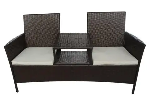 Canapea de grădină cu 2 locuri, măsuță de ceai, maro, poliratan - 2/5