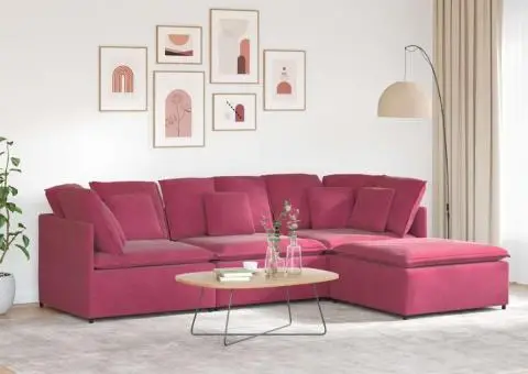 Canapea modulară cu taburet și perne, catifea, roșu vin - 1/5
