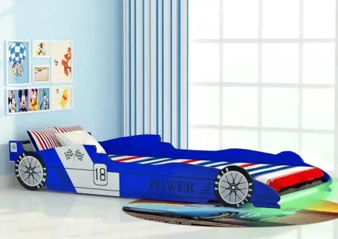 Pat copii mașină de curse, cu LED, 90 x 200 cm, albastru - 1/5
