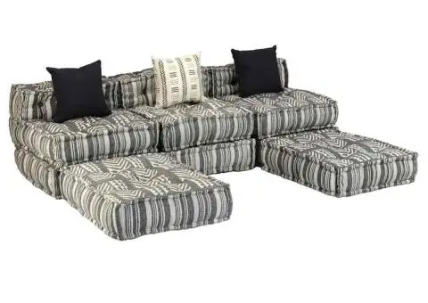 Canapea puf modulară cu 3 locuri, gri cu dungi, material textil - 2/5