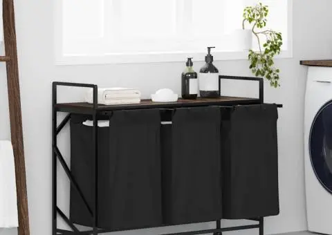 Coș de rufe 3 compartimente cu roți stejar maro - 1/5