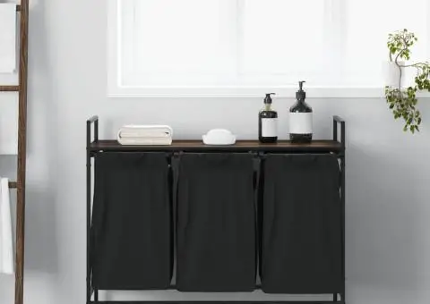 Coș de rufe 3 compartimente cu roți stejar maro - 3/5