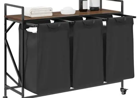 Coș de rufe 3 compartimente cu roți stejar maro - 4/5