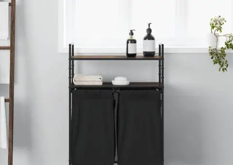 Coș de rufe 2 compartimente cu rafturi stejar maro - 3/5