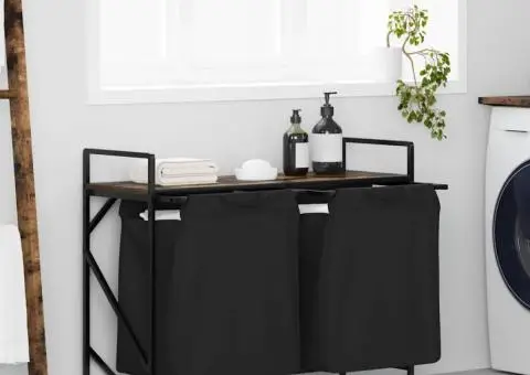 Coș de rufe 2 compartimente cu raft stejar fumuriu - 1/5